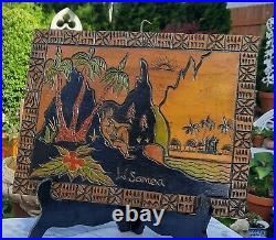 WESTERN SAMOA vtg wood carving pacific tapa tattoo tiki bar man story board art