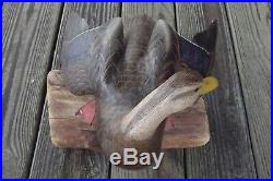 William Veasey Winged Black Duck Hen Decoy Wood Carving on Driftwood Delaware
