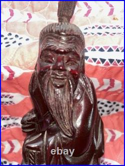 Wood Carved Asian Man Sculpture Vintage Happy