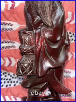 Wood Carved Asian Man Sculpture Vintage Happy