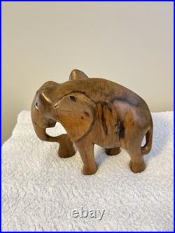Wood Carved Brown Elephant Statue Hand Carved with Size 8 Inches Tall Vintage