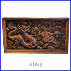 Wood Carved Dragon & Phoenix Panel Flat Sculpture Relief Art Wall Hanging Decor