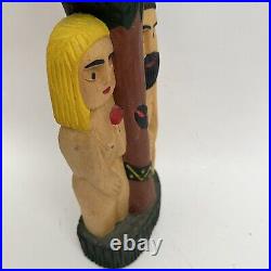 Wood Carved Polish Folk Art Adam and Eve Henryk Cichocki Poland Carving Vintage