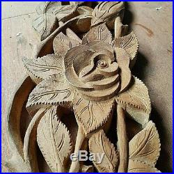 Wood Carving Panel Rose Flower Wall Sculptures Vintage Arts Home Decor Balcony