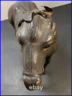 Wood & leather horse sculpture. Vintage. Carving. 17 1/2 x 18 5/8 x 5 Inches