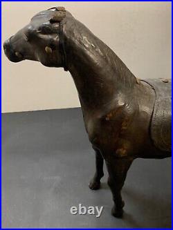 Wood & leather horse sculpture. Vintage. Carving. 17 1/2 x 18 5/8 x 5 Inches