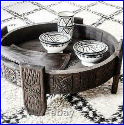 Wooden Antique Round Carving Coffee Table Grinder Table, Indian Food stand Table
