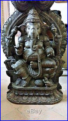 Wooden Ganesh Ganesha Sculpture Vintage Hand carved Statue Hindu Temple Figurine