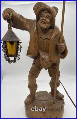 Wooden Night Watchman with Lamp Carved Black Forest Vintage MCM WORKS 21 Inches