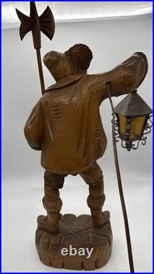 Wooden Night Watchman with Lamp Carved Black Forest Vintage MCM WORKS 21 Inches