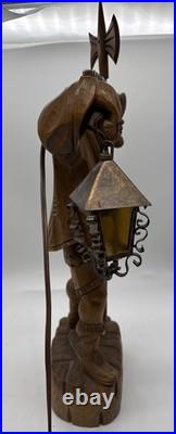 Wooden Night Watchman with Lamp Carved Black Forest Vintage MCM WORKS 21 Inches