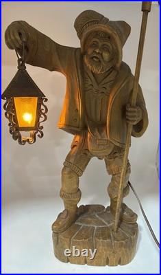 Wooden Night Watchman with Lamp Carved Black Forest Vintage MCM WORKS 21 Inches