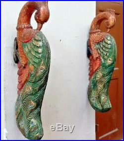 Wooden Wall Peacock Colored Bracket Peafowl Corbel Pair Sculpture Vintage Decor